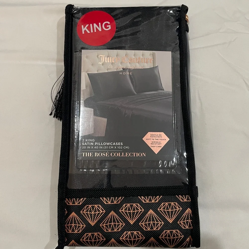 NEW‎ Juicy Couture Home Black Satin King Pillowcase Set 2pc The Rosé Collection